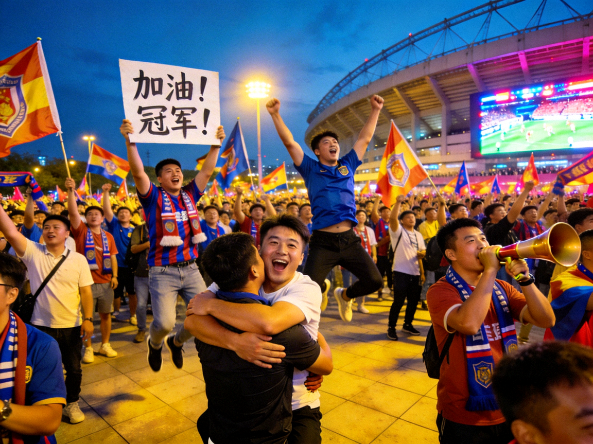 球迷在体育场外聚集欢呼的现场照片